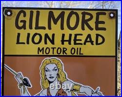 Large Vintage 1939 Dated Gilmore Lion Head Motor Oil Porcelain Sign
