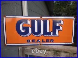 Large Vintage Gulf Dealer Motor Oil Porcelain Gasoline Service Station Sign 3ft