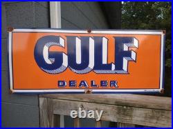 Large Vintage Gulf Dealer Motor Oil Porcelain Gasoline Service Station Sign 3ft
