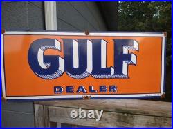 Large Vintage Gulf Dealer Motor Oil Porcelain Gasoline Service Station Sign 3ft