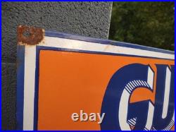 Large Vintage Gulf Dealer Motor Oil Porcelain Gasoline Service Station Sign 3ft