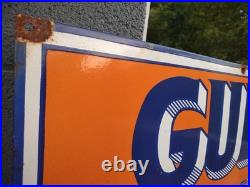 Large Vintage Gulf Dealer Motor Oil Porcelain Gasoline Service Station Sign 3ft