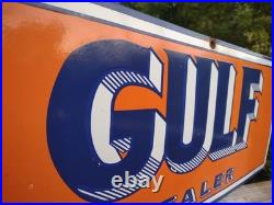 Large Vintage Gulf Dealer Motor Oil Porcelain Gasoline Service Station Sign 3ft