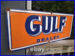 Large Vintage Gulf Dealer Motor Oil Porcelain Gasoline Service Station Sign 3ft