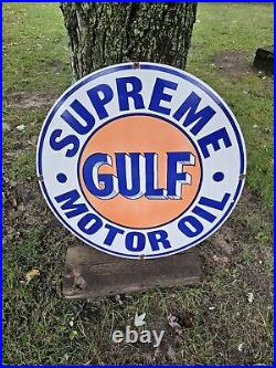 Large Vintage Gulf Supreme Motor Oil Dealer Porcelain Gas Station Pump Sign 30