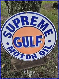 Large Vintage Gulf Supreme Motor Oil Dealer Porcelain Gas Station Pump Sign 30