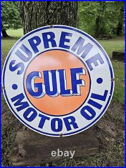 Large Vintage Gulf Supreme Motor Oil Dealer Porcelain Gas Station Pump Sign 30