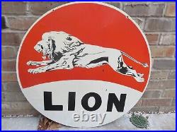 Large Vintage Heavy Porcelain Metal Sign Lion Motor Oil Gas 30 Inch Double Sided