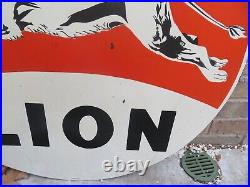 Large Vintage Heavy Porcelain Metal Sign Lion Motor Oil Gas 30 Inch Double Sided