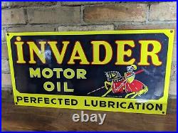 Large Vintage Invader Motor Oil & Lubrications Porcelain Sign 24 X 12