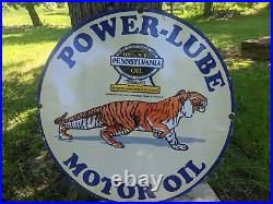 Large Vintage Power-lube Pure Penn Tiger Motor Oil Porcelain Gas Pump Sign 30