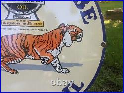 Large Vintage Power-lube Pure Penn Tiger Motor Oil Porcelain Gas Pump Sign 30