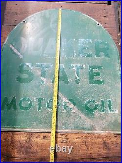 Large Vintage Quaker State Motor Oil Tombstone 2 Sided 28.5 Metal Sign