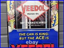 Large Vintage Veedol Gasoline Motor Oil Gas Station Metal Porcelain Sign