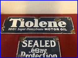 Lot Of 2 Tiolene Motor Oil Porcelain Oil Rack Signs Vintage Authentic Signs