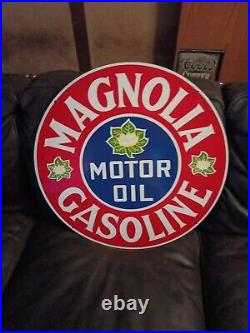 MAGNOLIA GASOLINE MOTOR OIL porcelain enamel sign 30 Inches double sided
