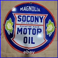 Magnolia Socony Motor Oil Porcelain Enamel Sign 30 Inches Round
