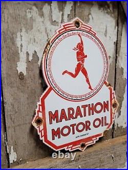 Marathon Vintage Porcelain Sign 1957 Motor Oil Service Gas Station Repair Lube