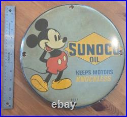 Mickey Mouse Sunoco Motor Oil Metal Porcelain Enamel Sign 12 inch