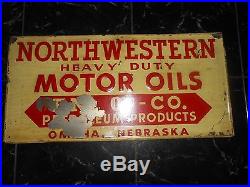 NORTHWESTERN HEAVY DUTY MOTOR OIL Embossed Tin Advertising Sign GAS OMAHA NE