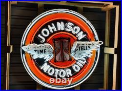 New Johnson Motor Oil TIME TELLS Porcelain And Neon Sign. 48 Round. With FLASH New Johnson Motor Oil TIME TELLS Porcelain And Neon Sign. 48 Round. With FLASH