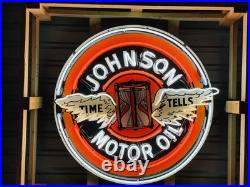New Johnson Motor Oil TIME TELLS Porcelain And Neon Sign. 48 Round. With FLASH New Johnson Motor Oil TIME TELLS Porcelain And Neon Sign. 48 Round. With FLASH