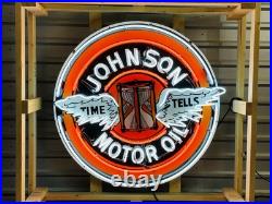 New Johnson Motor Oil TIME TELLS Porcelain And Neon Sign. 48 Round. With FLASH New Johnson Motor Oil TIME TELLS Porcelain And Neon Sign. 48 Round. With FLASH