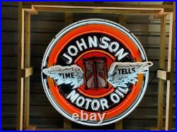 New Johnson Motor Oil TIME TELLS Porcelain And Neon Sign. 48 Round. With FLASH New Johnson Motor Oil TIME TELLS Porcelain And Neon Sign. 48 Round. With FLASH