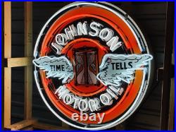 New Johnson Motor Oil TIME TELLS Porcelain And Neon Sign. 48 Round. With FLASH New Johnson Motor Oil TIME TELLS Porcelain And Neon Sign. 48 Round. With FLASH