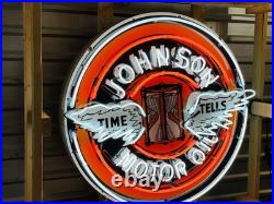 New Johnson Motor Oil TIME TELLS Porcelain And Neon Sign. 48 Round. With FLASH New Johnson Motor Oil TIME TELLS Porcelain And Neon Sign. 48 Round. With FLASH