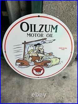 OILZUM MOTOR OIL With FLINTSTONES ENAMEL ADVERTISING SIGN, (12 INCH) NICE COND