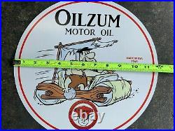 OILZUM MOTOR OIL With FLINTSTONES ENAMEL ADVERTISING SIGN, (12 INCH) NICE COND
