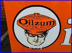 OILZUM Motor Oil Gasoline Gas Garage Porcelain Enamel Sign Emblem 33.5 x 21.5