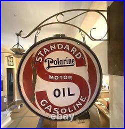 ORIGINAL STANDARD MOTOR OIL DOUBLE-SIDED 30 INCH PORCELAIN SIGN With BRACKET