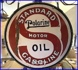 ORIGINAL STANDARD MOTOR OIL DOUBLE-SIDED 30 INCH PORCELAIN SIGN With BRACKET