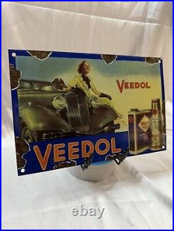 Old 1950's Veedol Motor Oil Gasoline Porcelain Enamel Gas Station Pump Sign