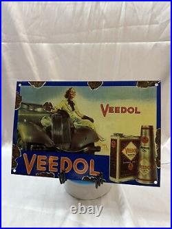 Old 1950's Veedol Motor Oil Gasoline Porcelain Enamel Gas Station Pump Sign