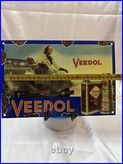 Old 1950's Veedol Motor Oil Gasoline Porcelain Enamel Gas Station Pump Sign