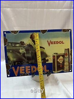 Old 1950's Veedol Motor Oil Gasoline Porcelain Enamel Gas Station Pump Sign