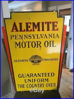 Old Alemite Motor Oil Double Sided Porcelain Sign