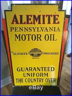Old Alemite Motor Oil Double Sided Porcelain Sign