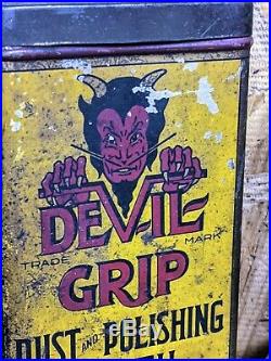Old Devil Grip Tin Litho Auto Polish Cloth Motor Oil Can Sign w Graphics