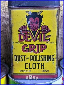 Old Devil Grip Tin Litho Auto Polish Cloth Motor Oil Can Sign w Graphics