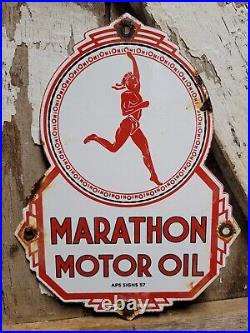 Old Marathon Motor Oil Vintage Porcelain Sign 1957 Service Station Lubricant Co