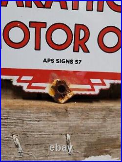 Old Marathon Motor Oil Vintage Porcelain Sign 1957 Service Station Lubricant Co