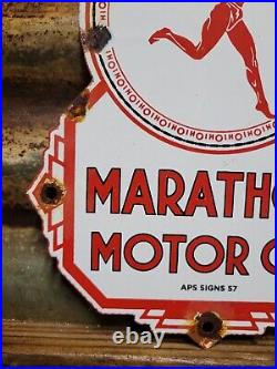 Old Marathon Motor Oil Vintage Porcelain Sign 1957 Service Station Lubricant Co