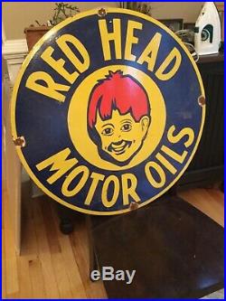 Old Red Head Motor Oil Porcelain Sign 30