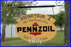 Old Style Pennzoil Sound Your Z Motor Oil Two-sided Swinger Sign Made In USA