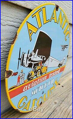 Old Vintage 1939 Atlantic Aviation Motor Oil Porcelain Enamel Gas Pump Sign