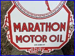 Old Vintage 1957 Marathon Motor Oil Porcelain Enamel Gas Station Pump Sign